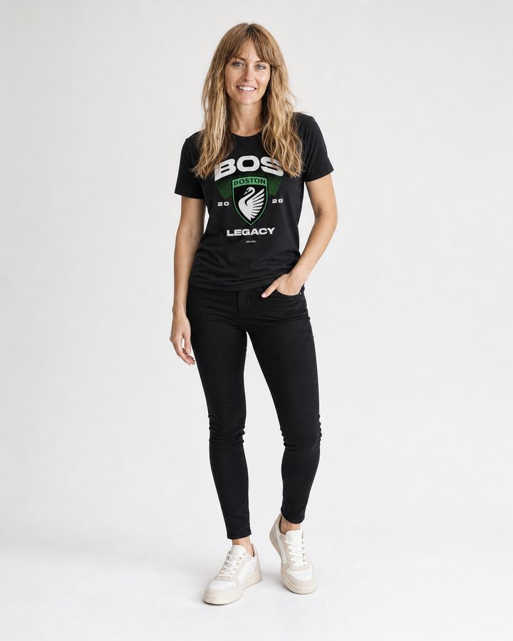 BOS t-shirt, full body, on a white studio backdrop