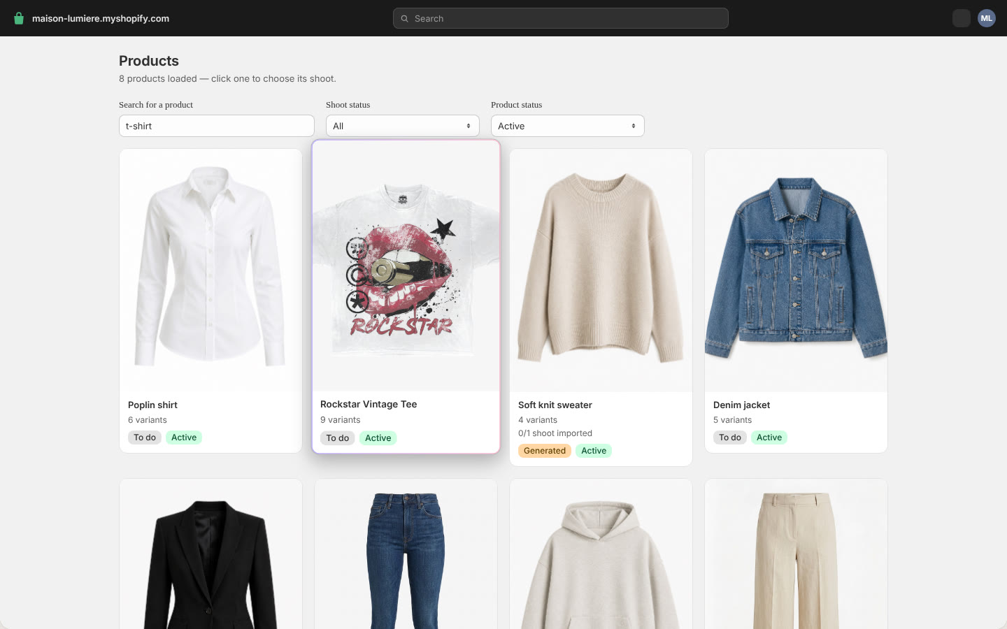 Products screen: one card per product, with its variant count and shoot status