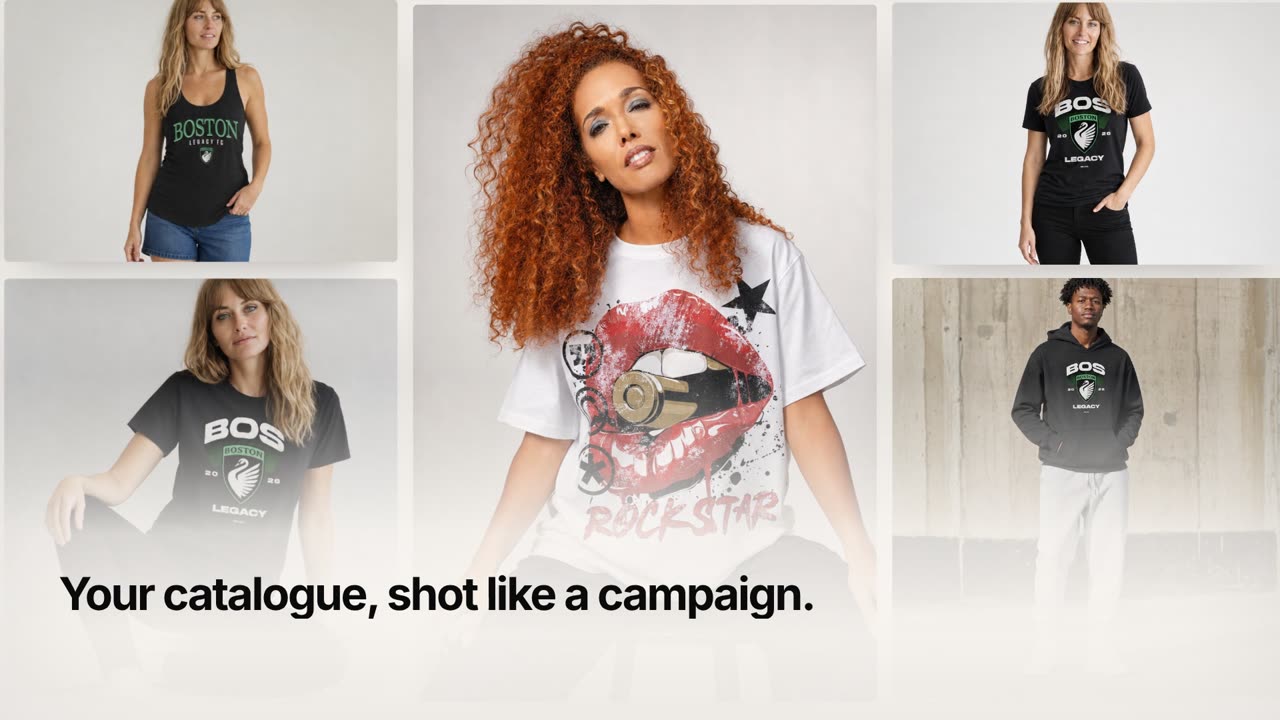 The app filmed end to end: a packshot on white, the six-step brief, and the photographs it generates